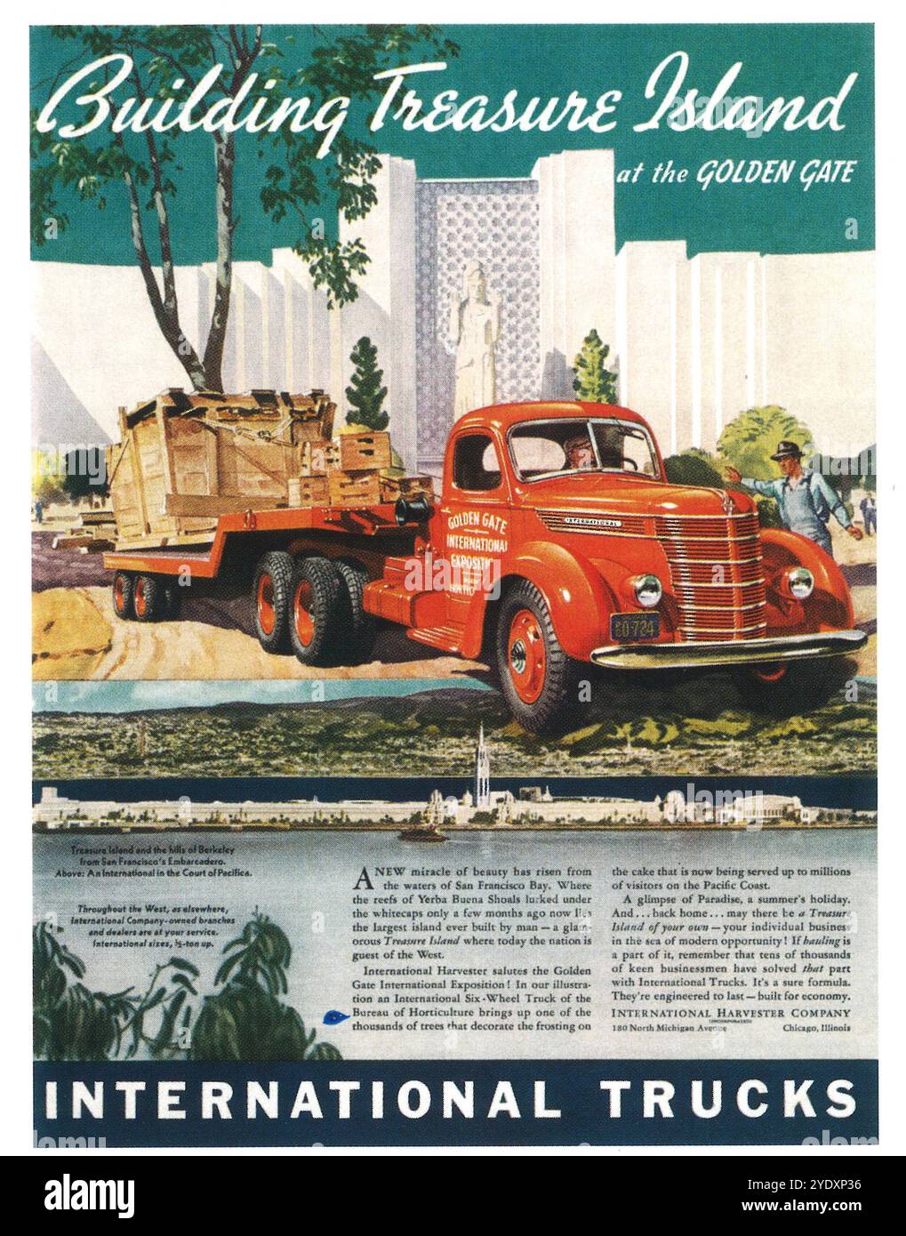 1939 International Harvester Company ad - Golden Gate International exposition, Treasure Island, San Francisco Banque D'Images