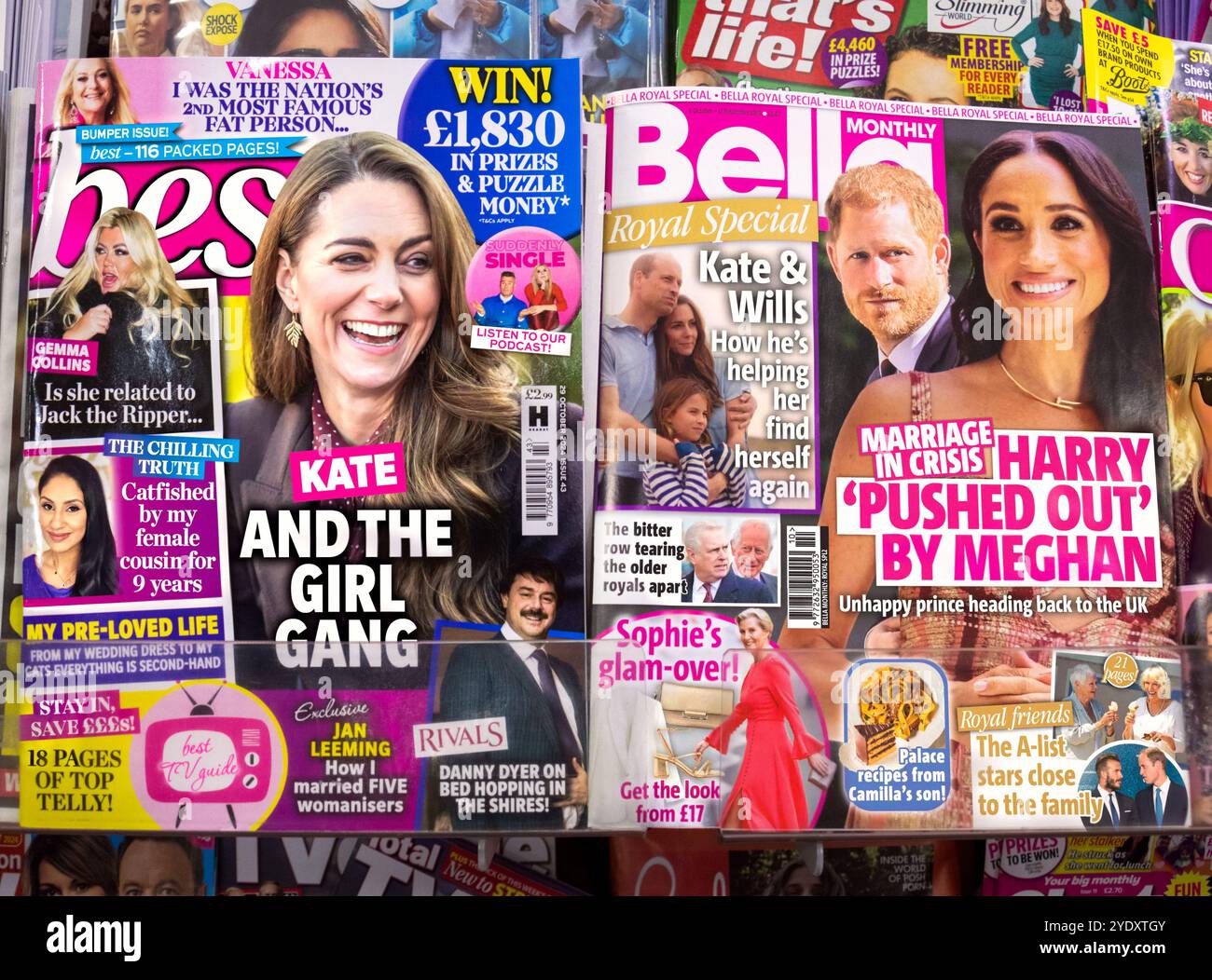Les membres de la famille royale britannique, dont Kate Middleton, Meghan Markle, SAR le prince Harry et le prince William, figurent en couverture de Bella et des meilleurs magazines. Banque D'Images