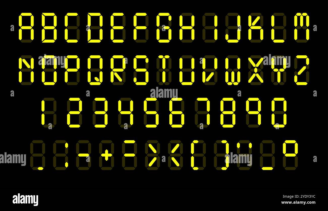 Police fluorescente numérique. Afficher les lettres, les chiffres et les signes de ponctuation. Alphabet lumineux électronique. Calculatrice ou écran tablo. Symbole de texte en majuscules Illustration de Vecteur