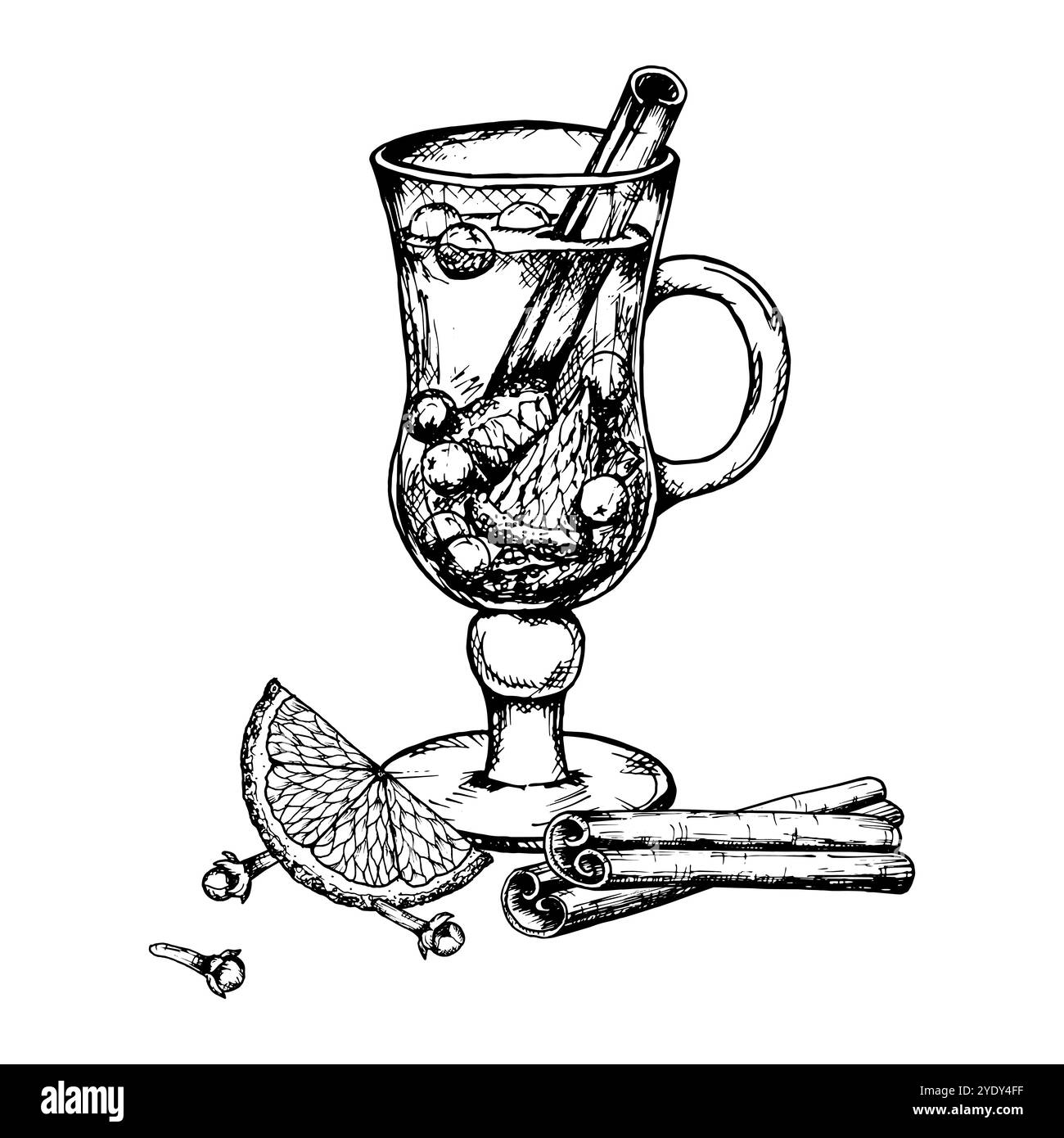 Encre vectorielle clipart dessinée à la main de boisson chaude d'hiver dans une tasse en verre : punch, vin chaud, thé aux agrumes, bâtons de cannelle, anis étoilé et clous de girofle. Parfait Illustration de Vecteur