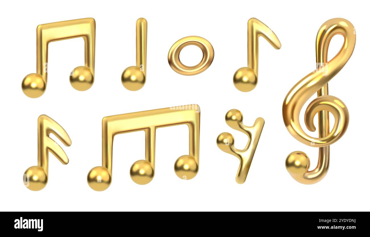 Notes de musique 3D. Symbole de chanson dorée. Tonalité clé de mélodie dorée et personnel de questions. Signe de jeu de violon. Brillance métallique brillante. Clef à aigus. Karaoké. Eléments de luxe musicaux. Icônes audio de rendu vectoriel définies Illustration de Vecteur