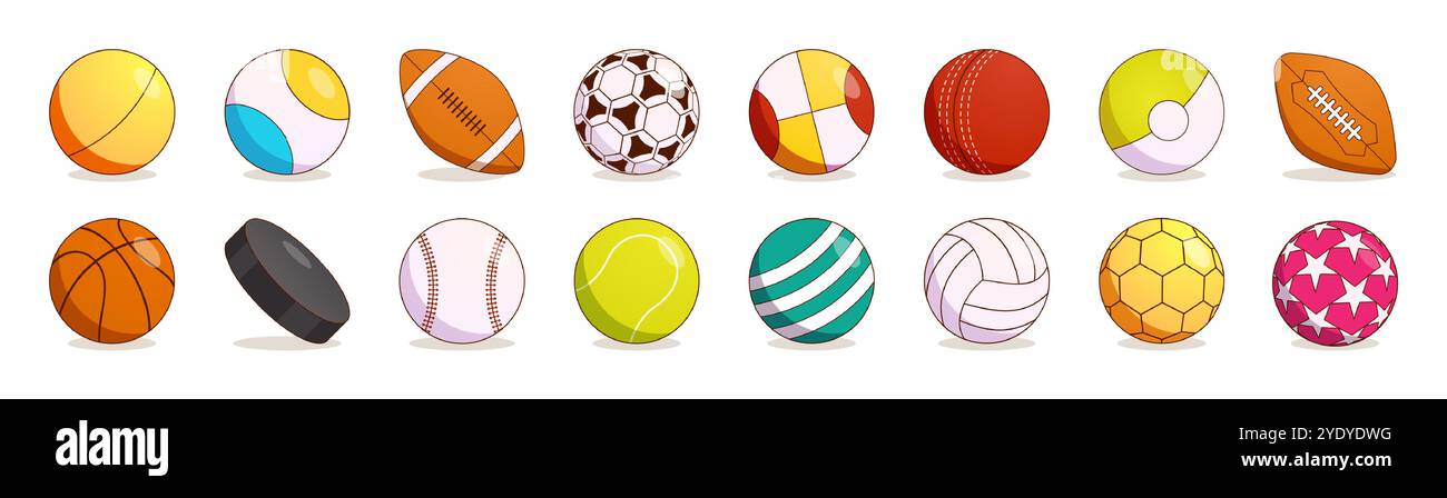 Ballon de football. Équipement de sport. Football américain. Basketball et volley-ball. Sphère de tennis. Concours divers. Palet de hockey. Matchs de baseball ou de rugby. Tournoi de match. Ensemble vectoriel d'outils de gymnastique athlétique Illustration de Vecteur