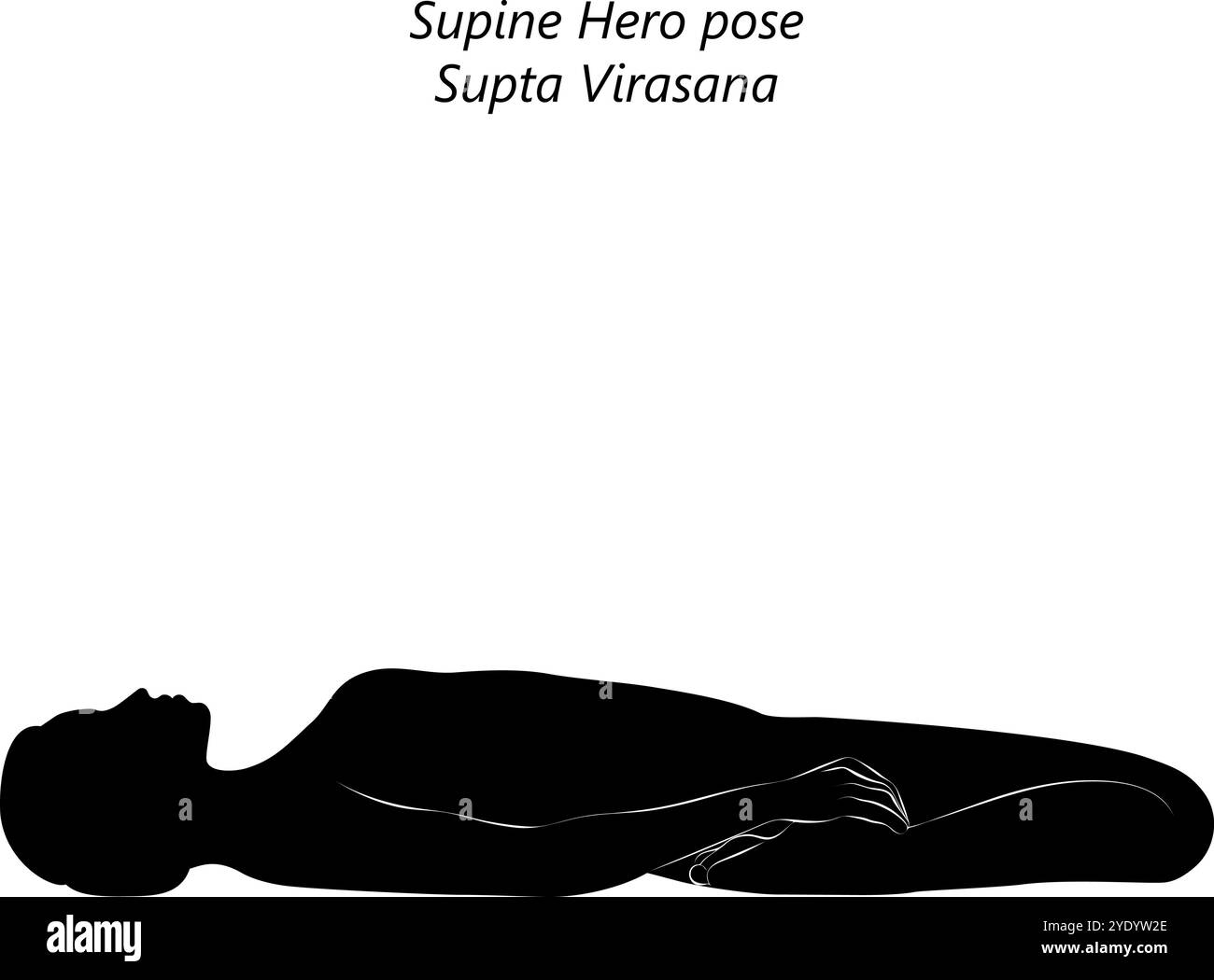 Silhouette de femme pratiquant la posture de yoga Supta Virasana. Posture du héros en décubitus dorsal ou posture de selle. Difficulté intermédiaire. Illustration vectorielle isolée Illustration de Vecteur