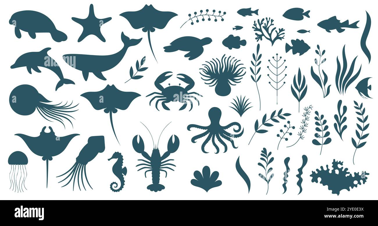 Ensemble silhouettes mettant en vedette diverses créatures marines et plantes marines. Illustration de Vecteur