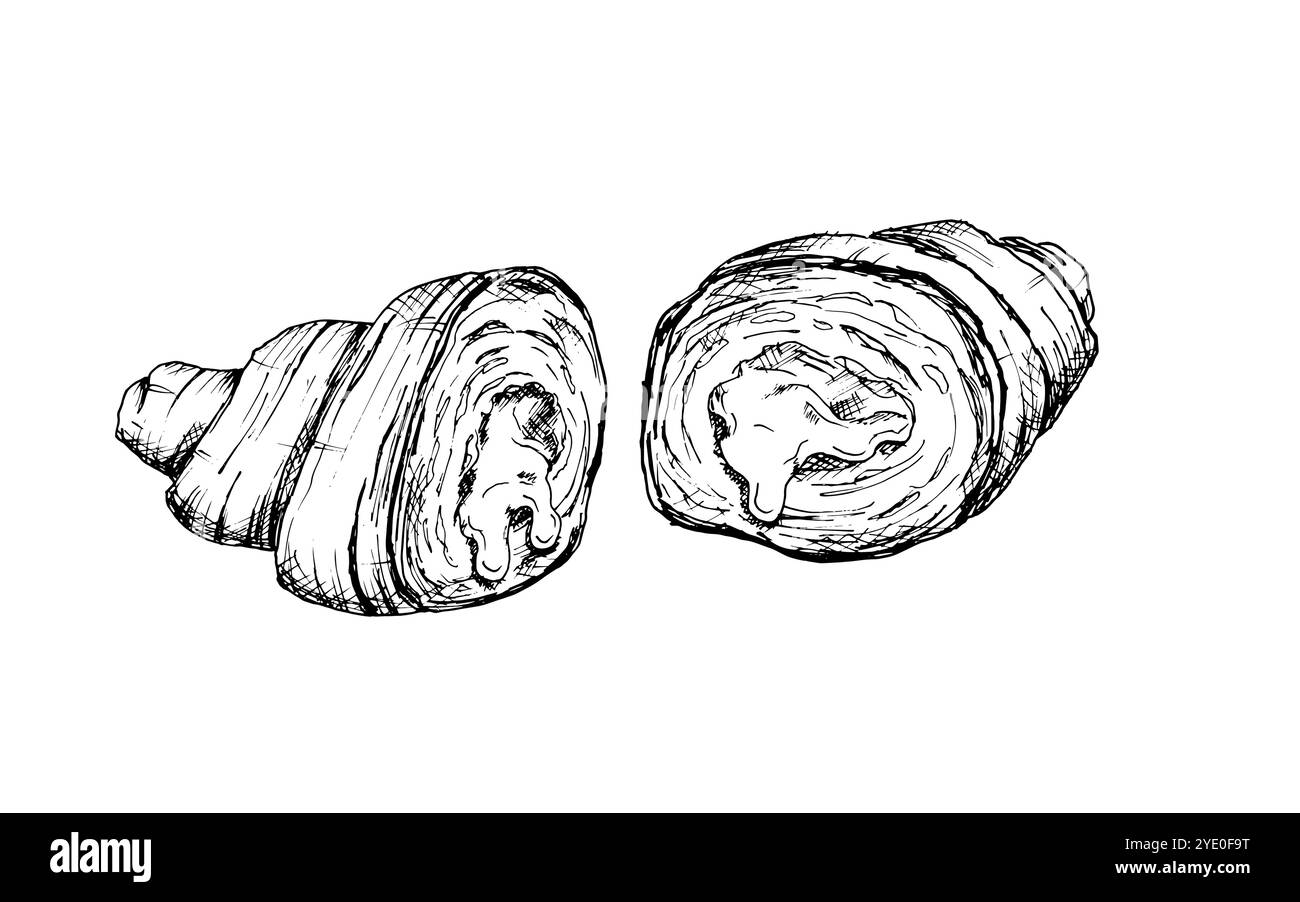 Illustration vectorielle en noir et blanc dessinée à la main des couches intérieures et remplissage d'un croissant. Croquis montrant la texture laminée et superposée du français Illustration de Vecteur