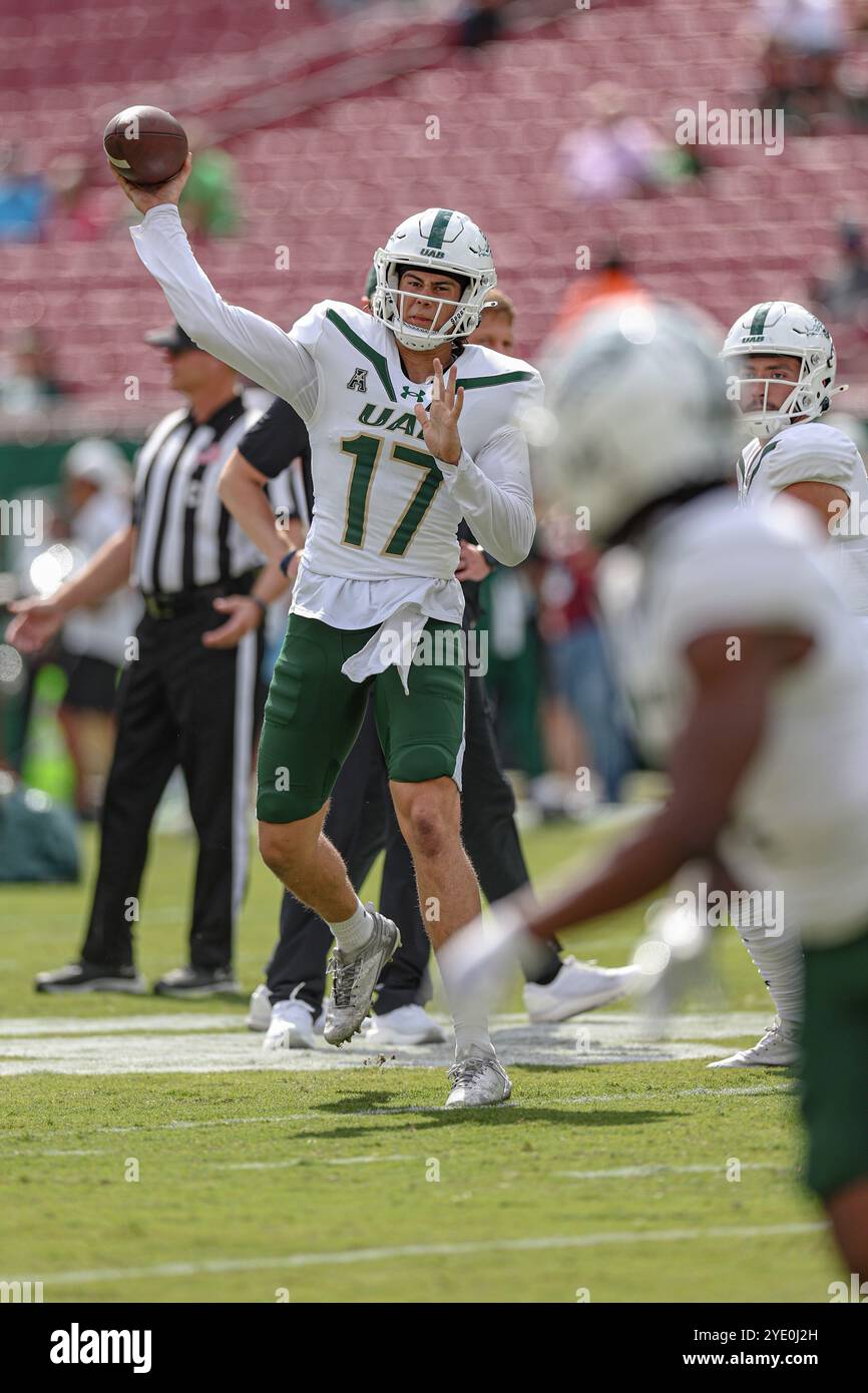 Tampa, FL États-Unis : le quarterback des UAB Blazers Jalen Kitna (17 ans) passe le ballon pendant les échauffements avant un match de football de la NCAA contre le South Florid Banque D'Images Tampa, FL États-Unis : le quarterback des UAB Blazers Jalen Kitna (17 ans) passe le ballon pendant les échauffements avant un match de football de la NCAA contre le South Florid Banque D'Images