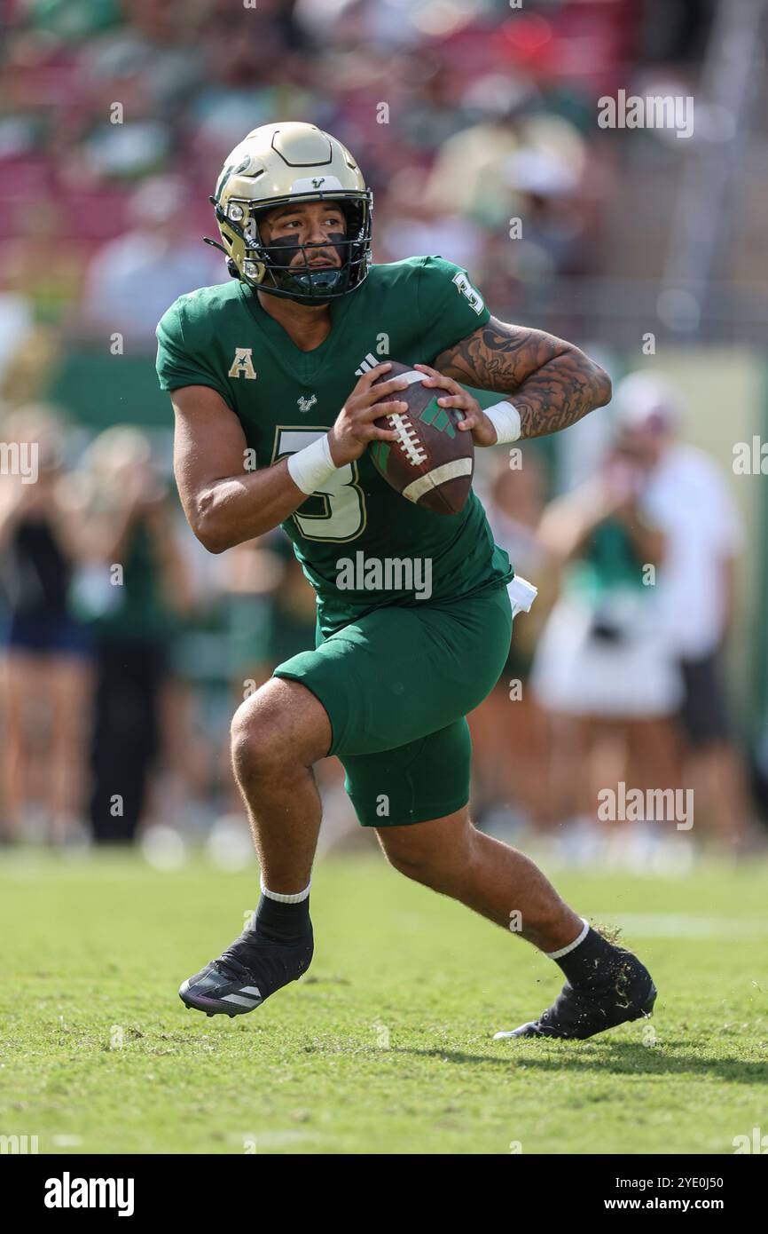 Tampa, FL USA : le quarterback des Bulls du sud de la Floride Bryce Archie (3) sort de la poche au premier quart-temps lors d'un match de football de la NCAA contre Banque D'Images Tampa, FL USA : le quarterback des Bulls du sud de la Floride Bryce Archie (3) sort de la poche au premier quart-temps lors d'un match de football de la NCAA contre Banque D'Images