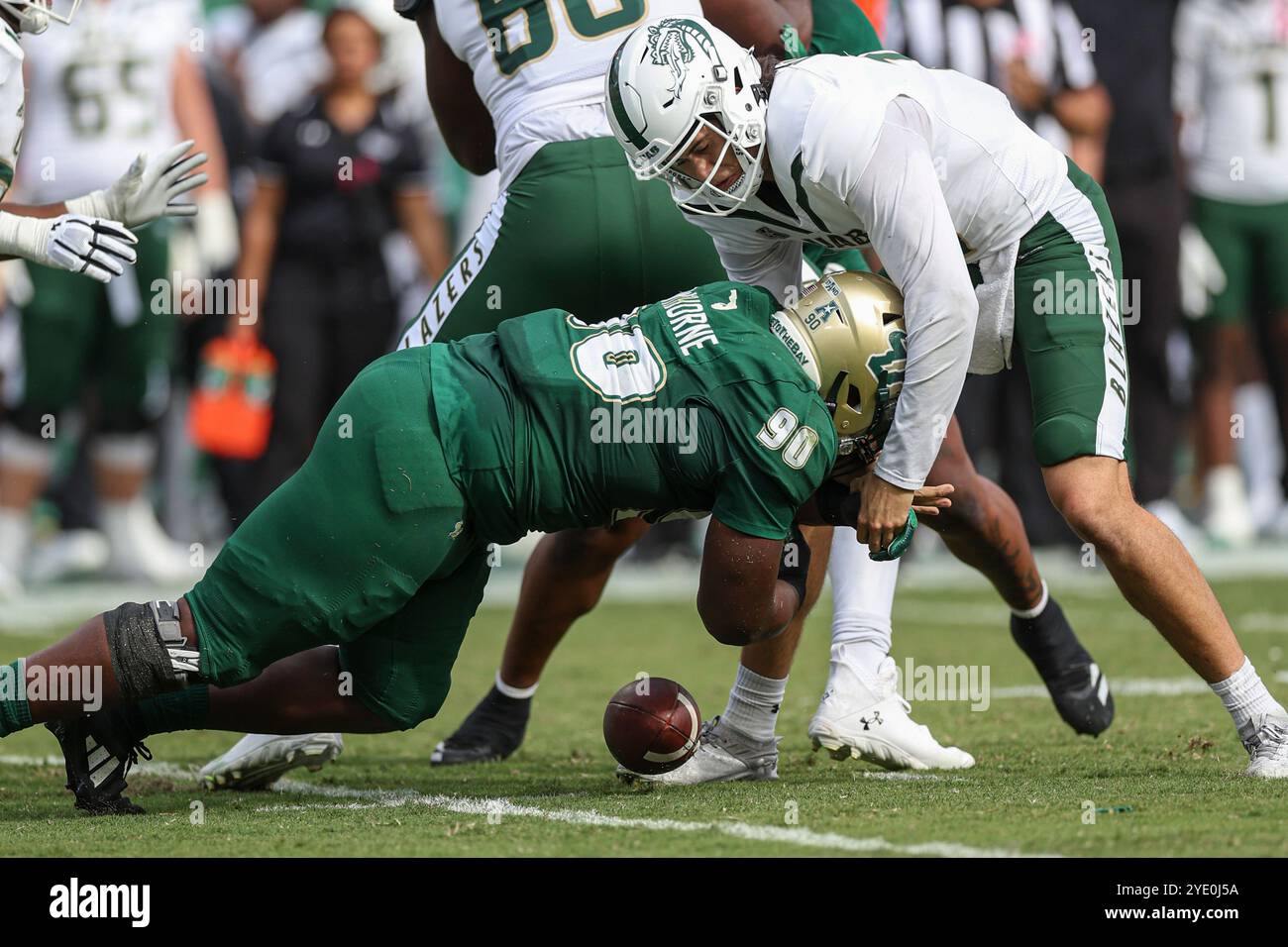 Tampa, FL États-Unis : le tacle défensif des Bulls du sud de la Floride Decarius Hawthorne (90) attaque et fait Jalen Kitna (17) le quarterback des Blazers de l'UAB Banque D'Images Tampa, FL États-Unis : le tacle défensif des Bulls du sud de la Floride Decarius Hawthorne (90) attaque et fait Jalen Kitna (17) le quarterback des Blazers de l'UAB Banque D'Images