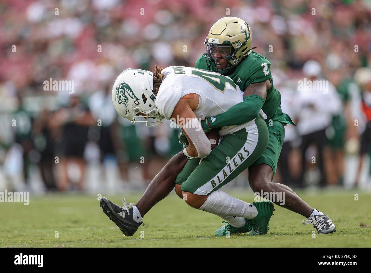 Tampa, FL USA : UAB Blazers Tight End Bryce Damous (48) fait une réception et est attaqué par le dos défensif des Bulls du sud de la Floride Tavin Ward (2) pendant un Banque D'Images Tampa, FL USA : UAB Blazers Tight End Bryce Damous (48) fait une réception et est attaqué par le dos défensif des Bulls du sud de la Floride Tavin Ward (2) pendant un Banque D'Images