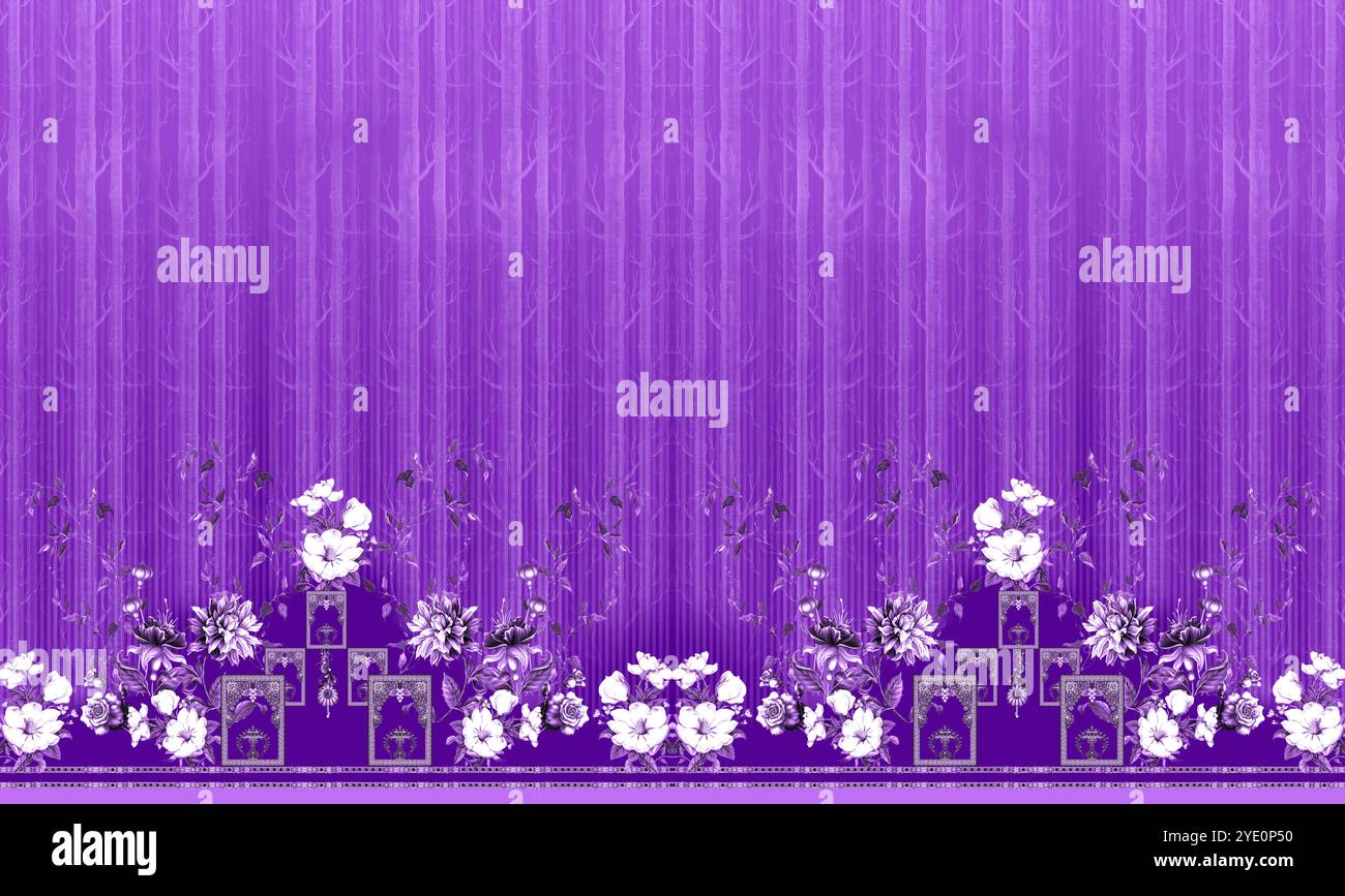 Motif géométrique sans couture avec bordures et fleurs botaniques noires et blanches Banque D'Images