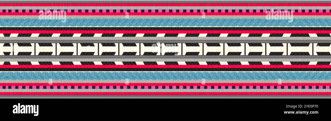 Motif géométrique sans couture avec bordures et fleurs botaniques noires et blanches Banque D'Images