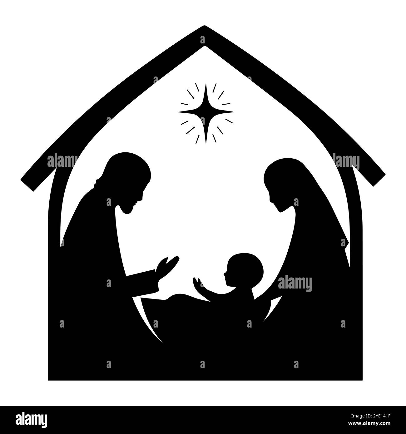 Noël, bébé Jésus dans la crèche avec Marie et Joseph vecteur silhouette noire Illustration de Vecteur