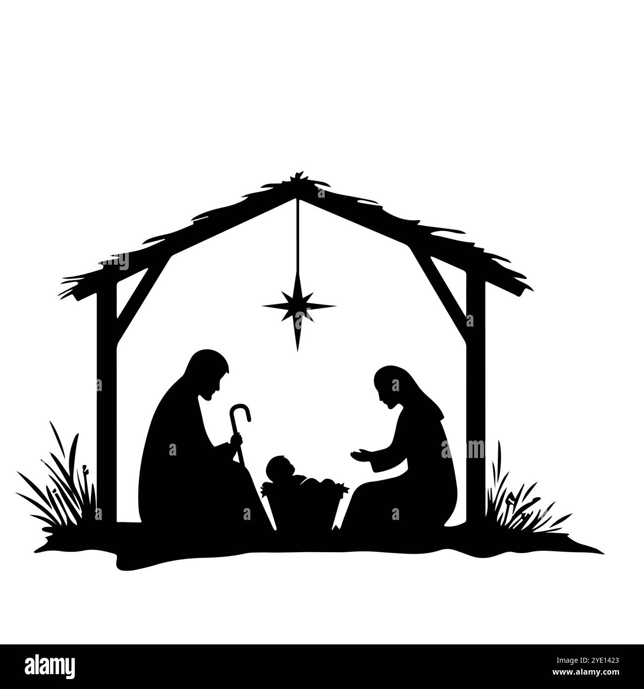 Une belle silhouette de scène de la Nativité avec l'étoile brillante en haut de l'affichage Illustration de Vecteur