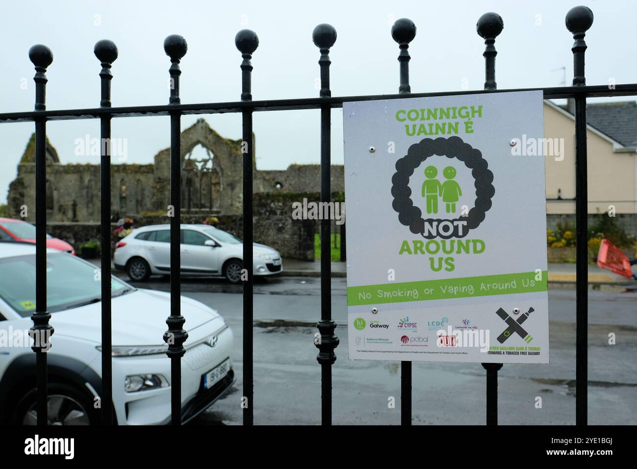 Panneau anti-tabac sur une clôture en fer forgé à Athenry Park, à Athenry, comté de Galway, Irlande ; pas autour de nous campagne demandant de ne pas fumer ou de vapoter. Banque D'Images