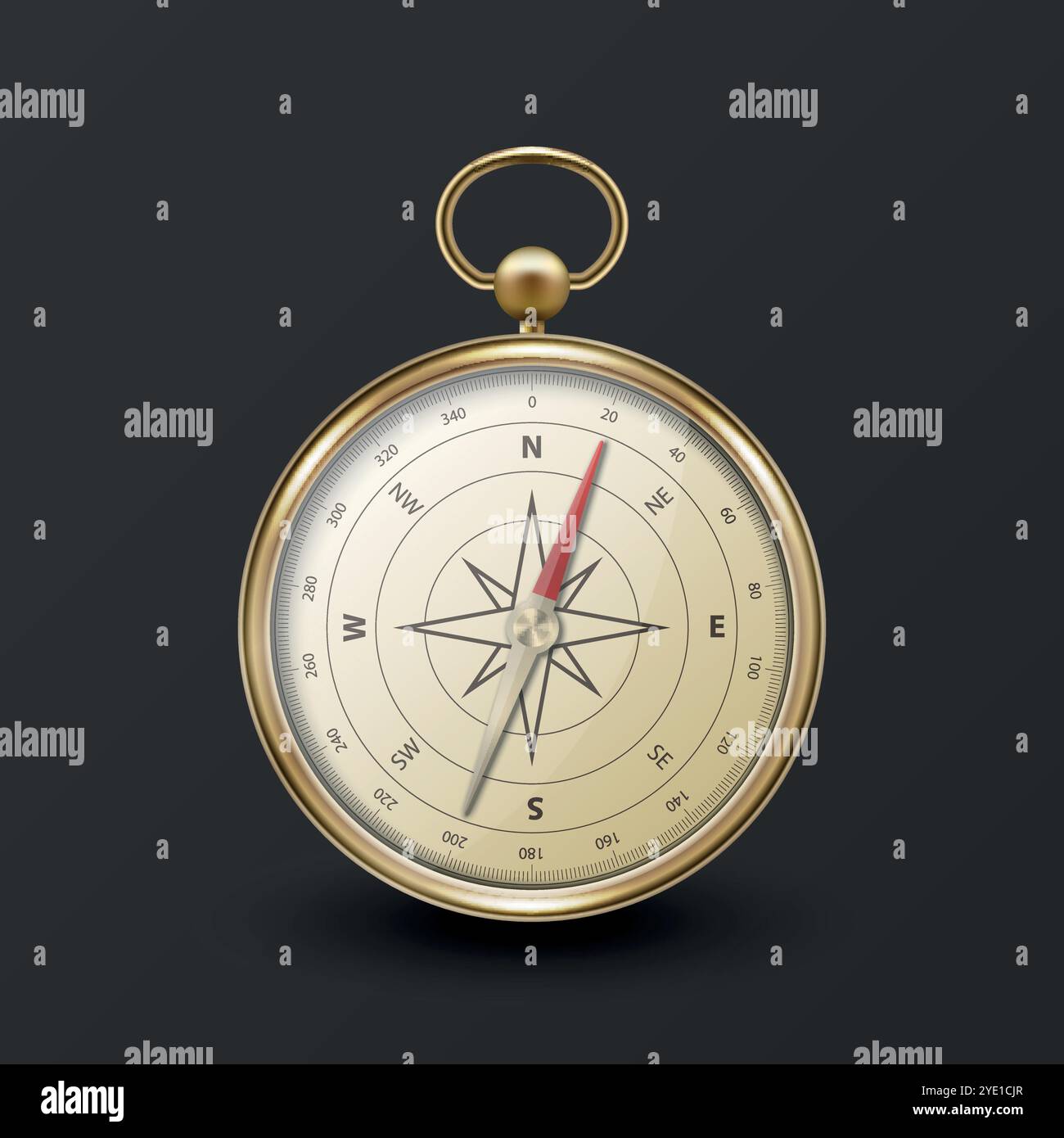 Boussole vectorielle 3D réaliste avec cadre métallique doré, illustration de l'outil de navigation. Vintage Wind Rose symbole sur le cadran, icône de boussole gros plan, isolé Illustration de Vecteur