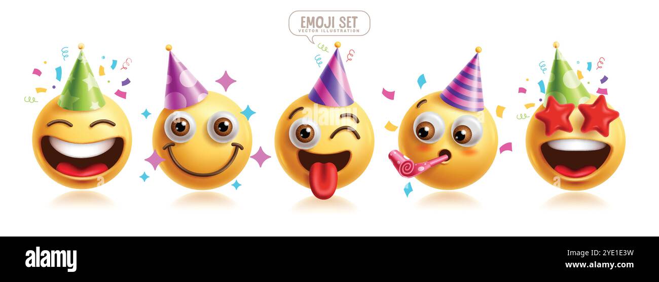 Emojis fête d'anniversaire émoticône personnages vectoriels ensemble. Émoticônes mascotte d'anniversaire, costume, heureux, souriant et portant chapeau 3d éléments graphiques caractère Illustration de Vecteur