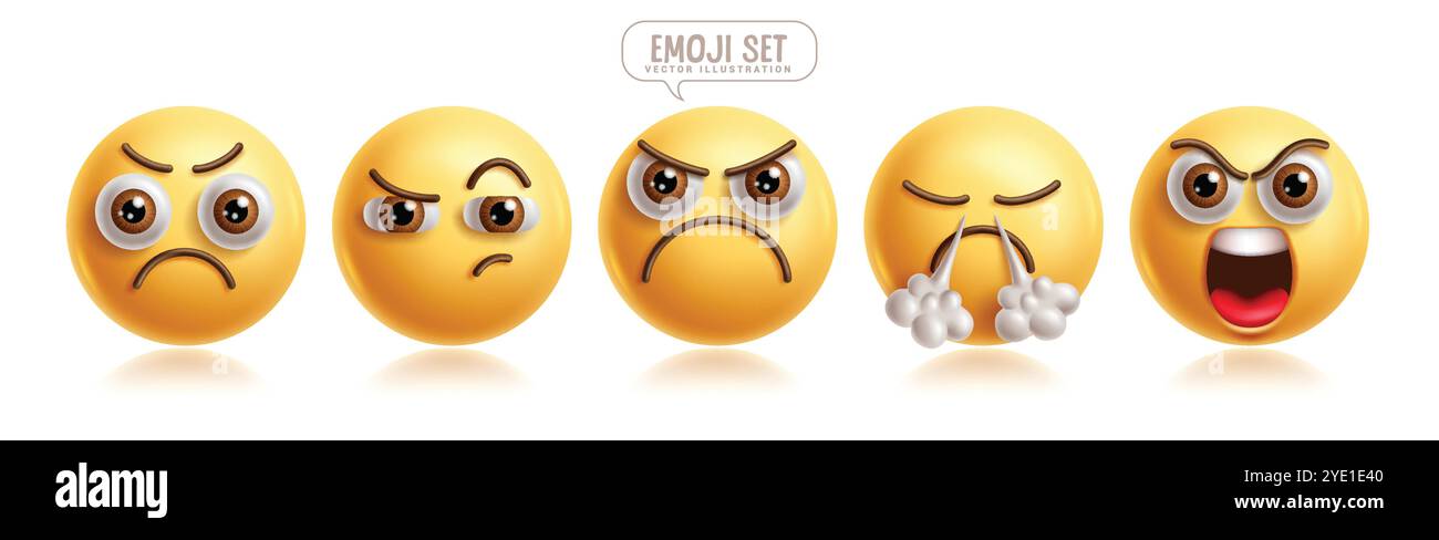 Emoji Angry emoticon Characters vecteur set. Emojis émoticônes caractère avec des expressions faciales folles, stressantes, bouleversées, tristes, sérieuses et criantes Illustration de Vecteur