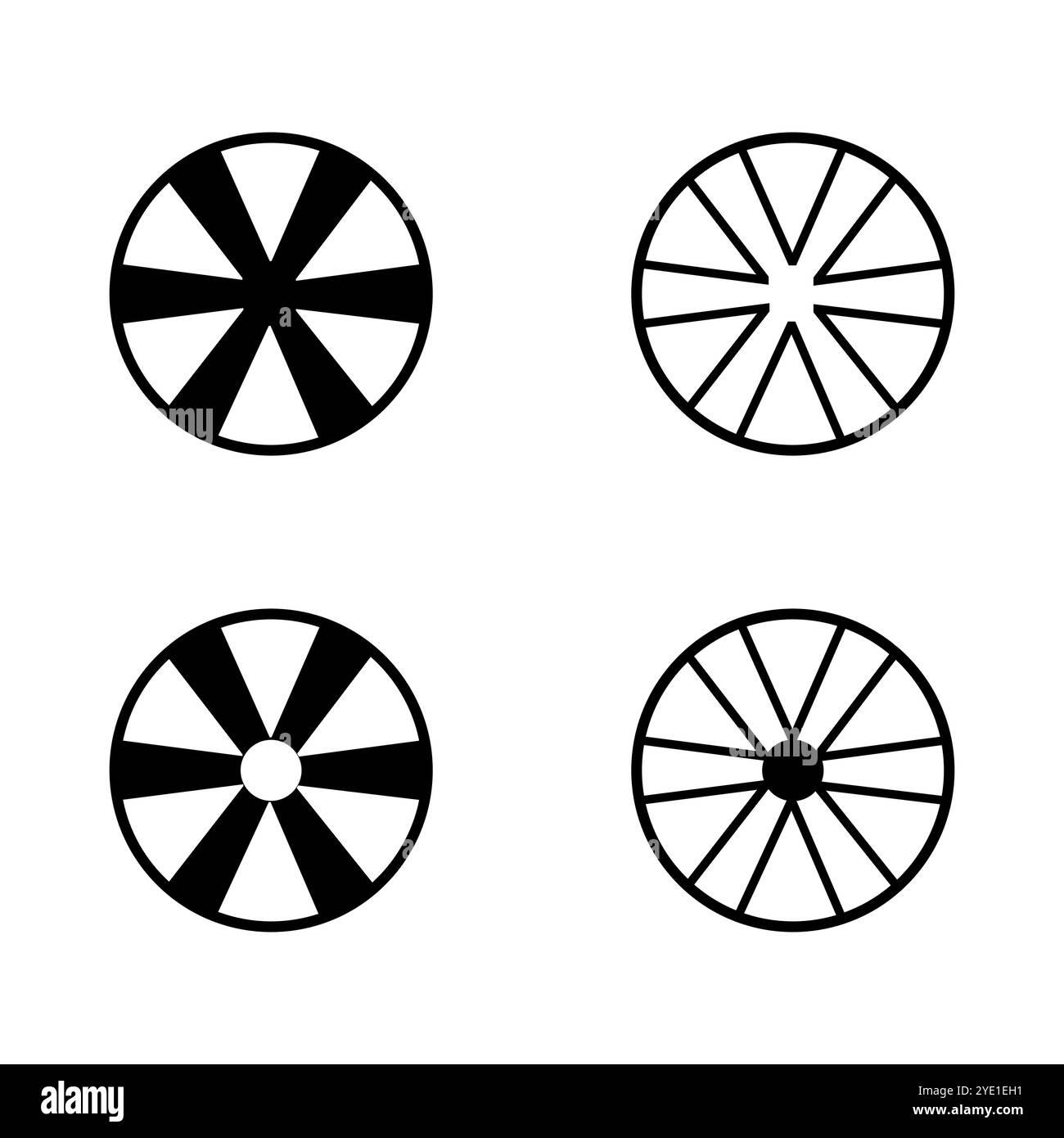 Icônes de roue. Quatre variantes de conceptions de roues radiales simples. Formes vectorielles géométriques. Ensemble graphique minimaliste. Illustration de Vecteur