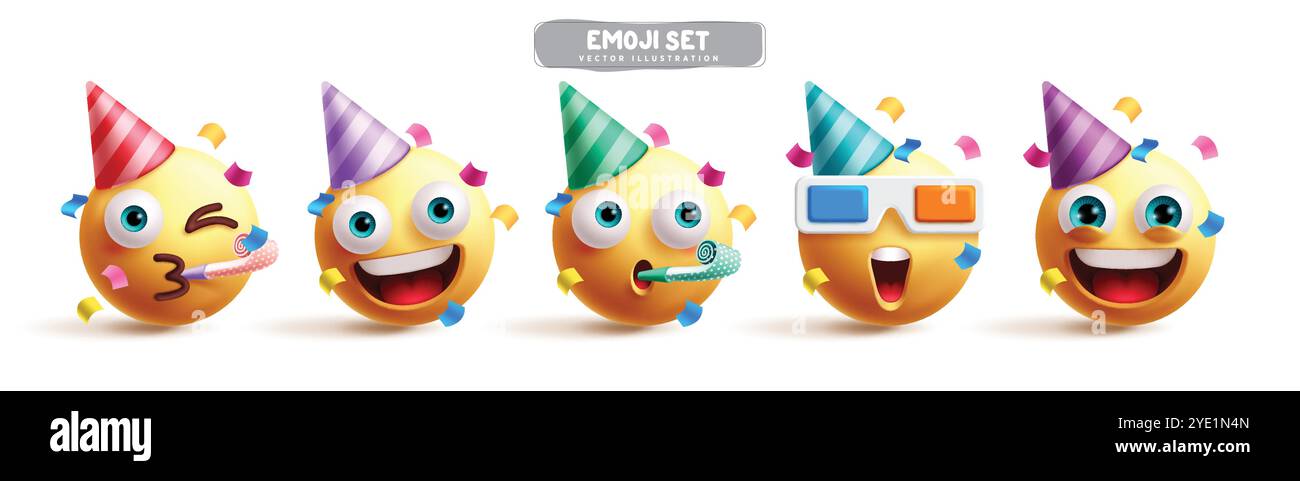 Emojis anniversaire émoticône caractères vectoriels ensemble. Émoticône emoji personnage dans heureux, clown, souriant, mascotte, costume portant chapeau de fête coloré en blanc Illustration de Vecteur