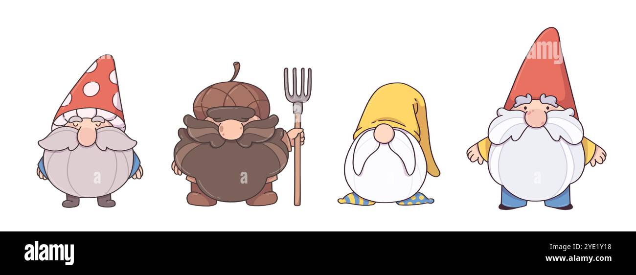 Nain de jardin du dessin animé de conte de fées de Thanksgiving. Champignon et gland drôle caractère avec chapeau, grand nez, barbe et moustache. Mythologie Figurine mascotte clipart design pour les enfants conte de fées. Illustration de Vecteur