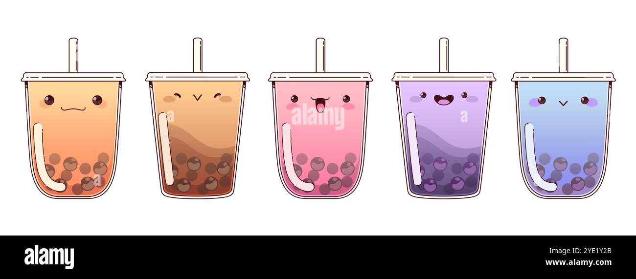 Boissons boba colorées avec de mignonnes expressions kawaii. Ensemble de vecteur de dessin animé de tasses en plastique de thé avec des perles de tapioca, des pailles et différentes émotions faciales. Boisson sucrée pour dessert avec des boules de chocolat. Illustration de Vecteur