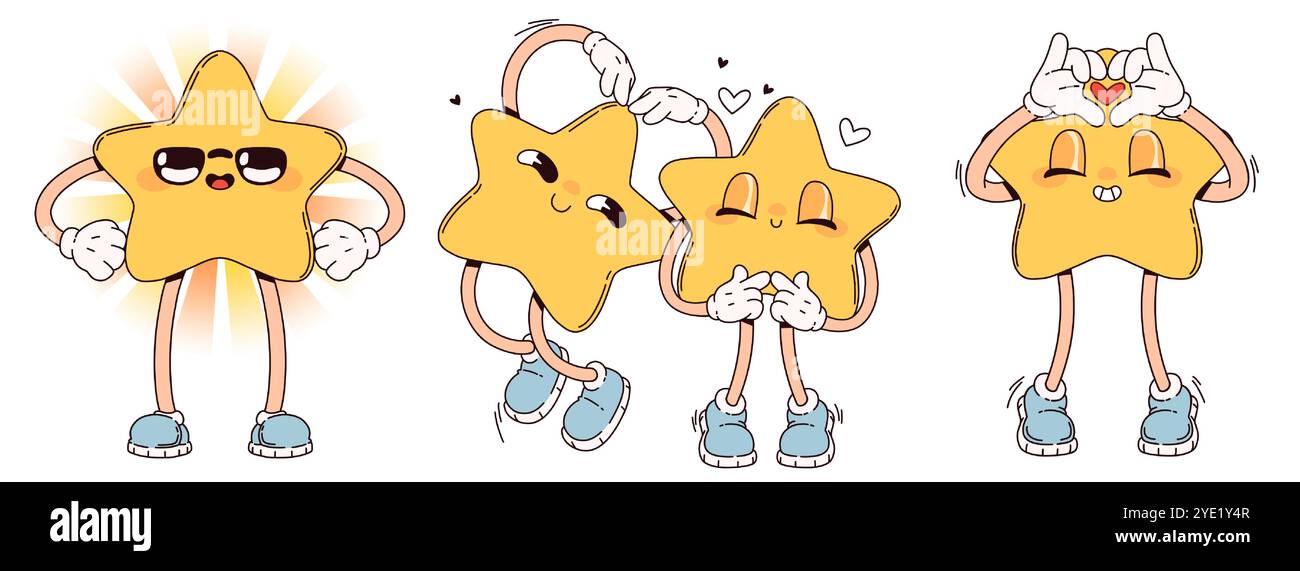 Mascottes étoilées groovy gaies portant des baskets bleues avec différentes expressions faciales. Figures de dessin animé jaunes avec diverses émotions - cool avec les bras sur les côtés, faire un geste de cœur, couple aimant et timide. Illustration de Vecteur