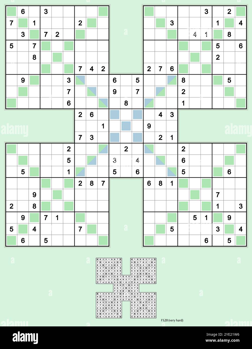 Samurai Sudoku avec variante diagonale. Cinq puzzles de sudoku diagonaux qui se chevauchent. Symétrie complète. Très dur, 92 indices. Vecteur MK II. Illustration de Vecteur