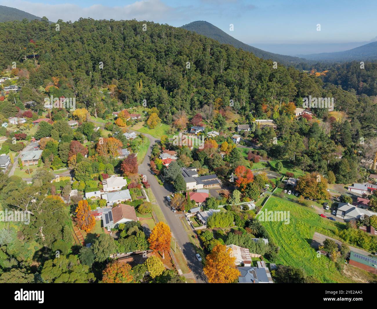 Vue aérienne d'une petite ville de campagne avec des arbres d'automne colorés à Warburton dans la Yarra Valley dans le Victoria, Australie Banque D'Images