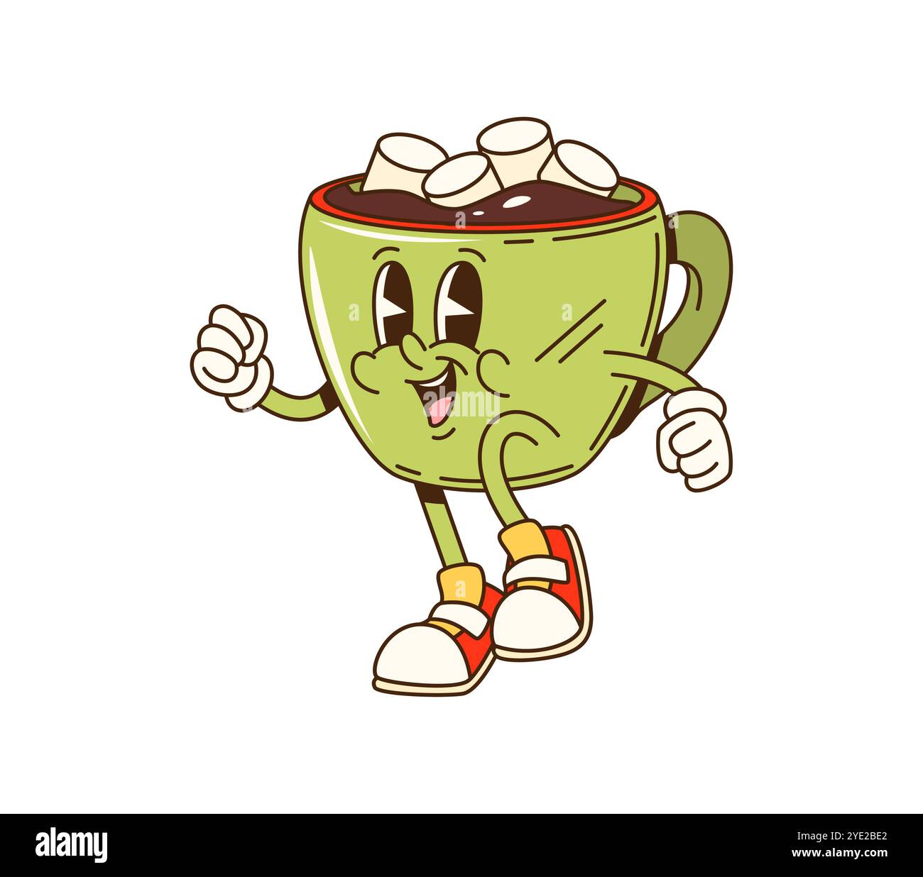 Dessin animé groovy Noël caractère de tasse de chocolat chaud orné de guimauves. Mug vert vecteur isolé, boisson au cacao avec le visage joyeux profitant de la saison des fêtes avec une ambiance ludique de vacances Illustration de Vecteur