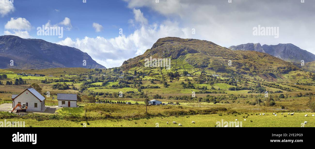 Paysage panoramique avec montagnes et moutons, comté de Galway, Irlande, Europe Banque D'Images