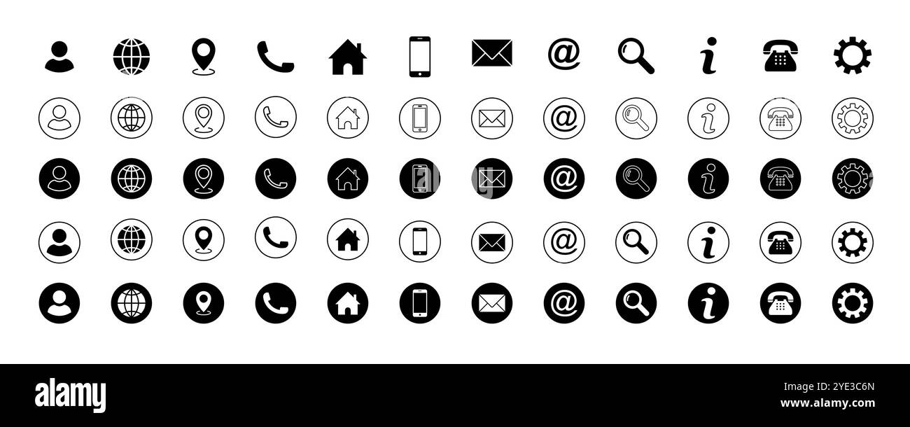 Jeu d'icônes de contact, icônes d'affaires, collection d'icônes Web, symbole de profil, accueil, localisation, appel, courrier, recherche, globe, téléphone, icônes d'information Illustration de Vecteur