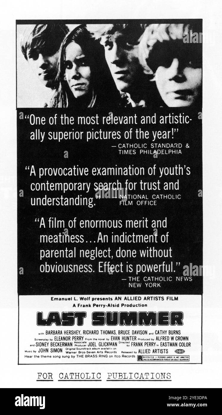 RICHARD THOMAS BARBARA HERSHEY BRUCE DAVISON et CATHERINE BURNS dans l'ÉTÉ 1969 réalisateur FRANK PERRY roman Evan Hunter scénario Eleanor Perry musique John Simon Alsid Productions / Francis Productions / Allied Artists Pictures Banque D'Images