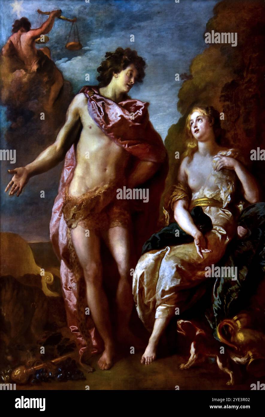 Bacchus et Ariane, 1699. Par Charles de la fosse (1636-1716) Musée des Beaux-Arts de Dijon France. ( Bacchus, le Dieu du vin, tombe amoureux d'Ariane et lui offre son mariage avec la promesse d'une couronne d'étoiles comme cadeau de mariage. Dans une autre version de l'histoire, il lui offre le ciel comme cadeau de mariage où elle deviendra plus tard la constellation de la Couronne du Nord) Banque D'Images