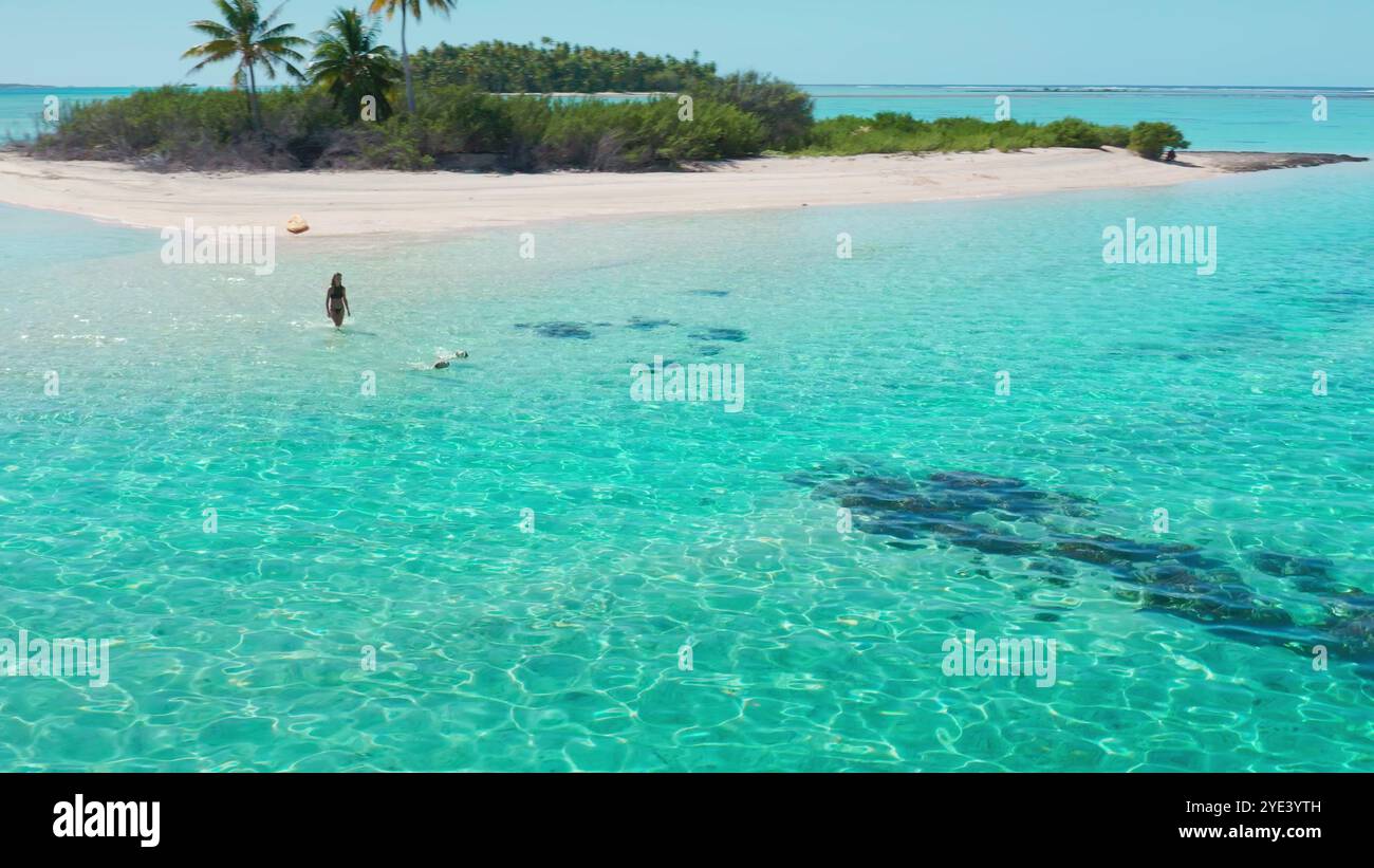 Vue aérienne d'une jeune femme marchant sur l'eau peu profonde d'une île tropicale avec de l'eau turquoise et une petite île avec des palmiers dans le backgrou Banque D'Images