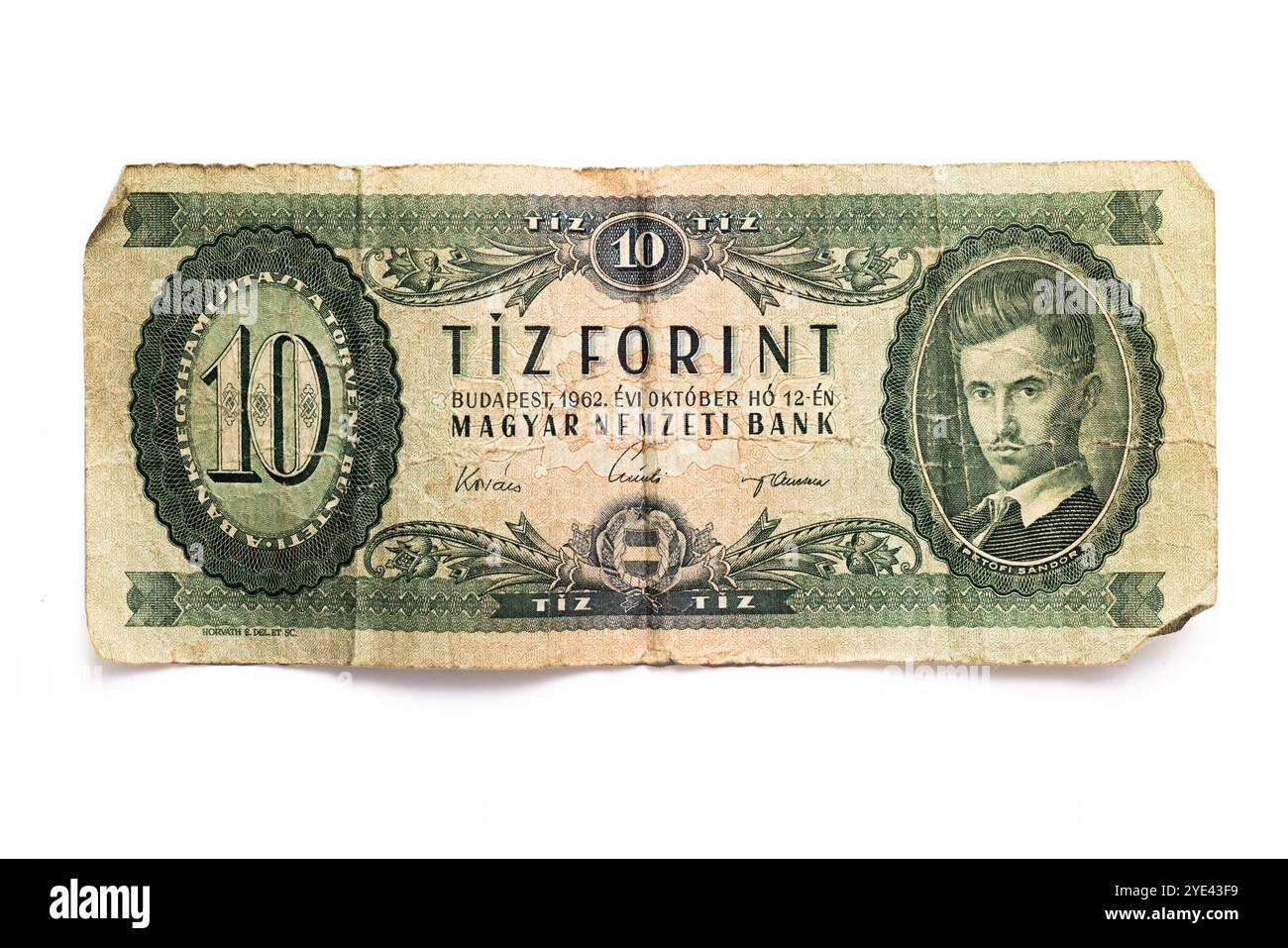 Un billet de banque hongrois vintage de 10 forints datant de 1962, avec des œuvres d'art détaillées et une valeur historique, mettant en valeur la conception de la monnaie hongroise et la culture Banque D'Images