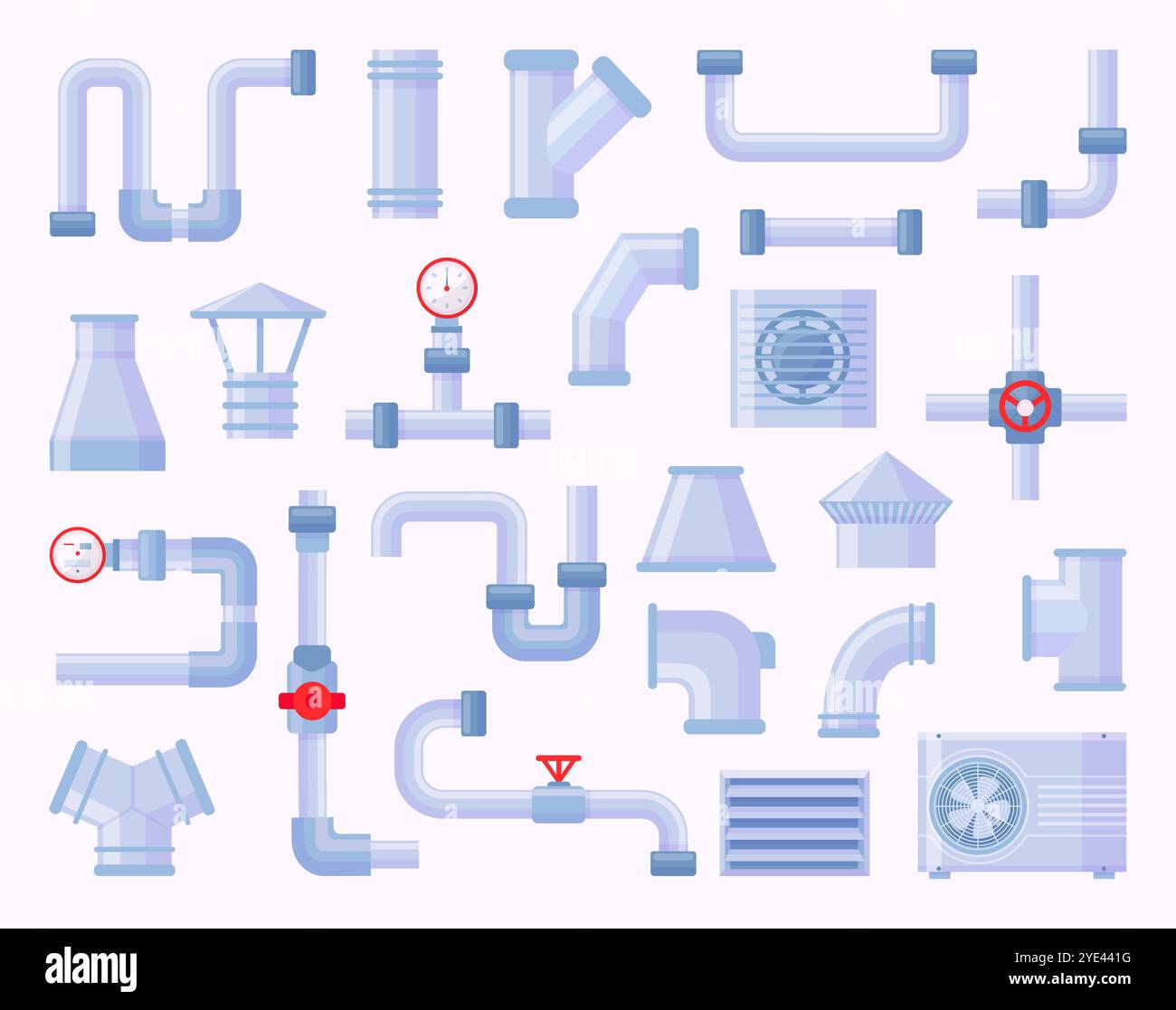 Eléments de conduit d'air. Le système de tuyaux évacue les ventilateurs pour le flux d'air industriel sur les usines ou les bâtiments. Conditionneurs systèmes objets, ensemble de vecteurs néotériques plats Illustration de Vecteur