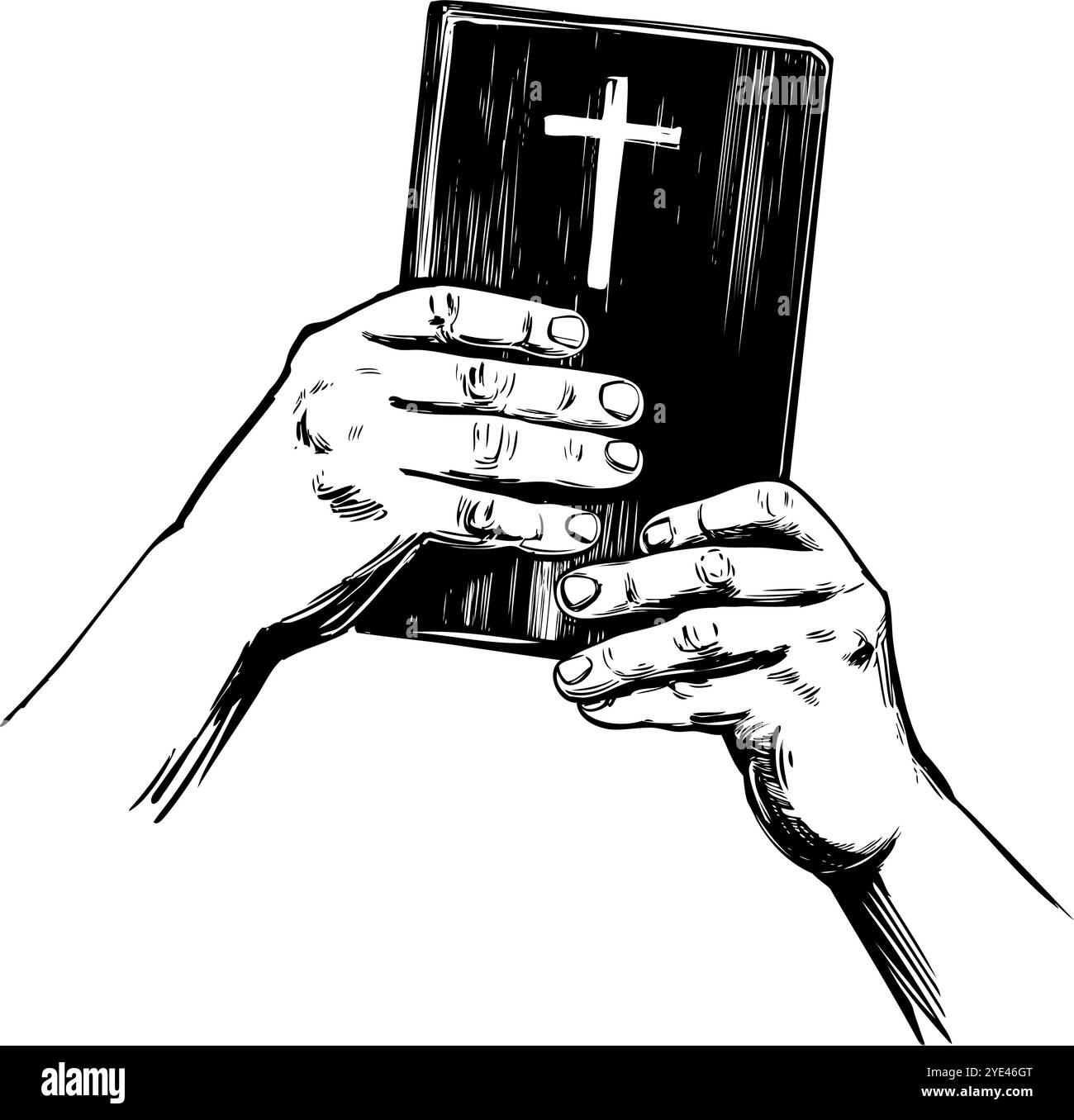 Mains tenant la Sainte Bible, l'évangile, la doctrine du christianisme, symbole du christianisme dessin à la main illustration vectorielle esquisse. Illustration de Vecteur