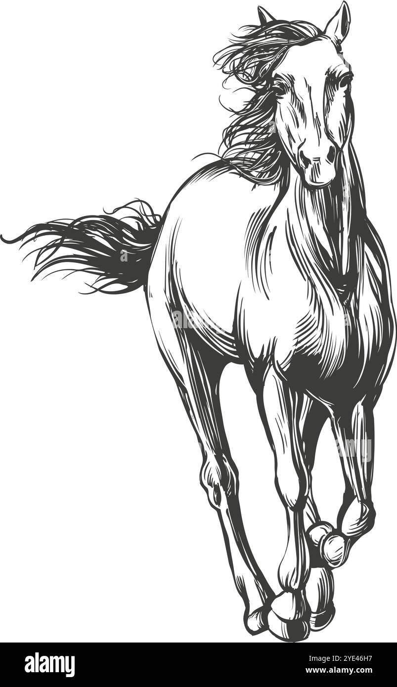 Cheval, le cheval galope rapidement, logo, illustration vectorielle dessinée à la main esquisse réaliste. Illustration de Vecteur