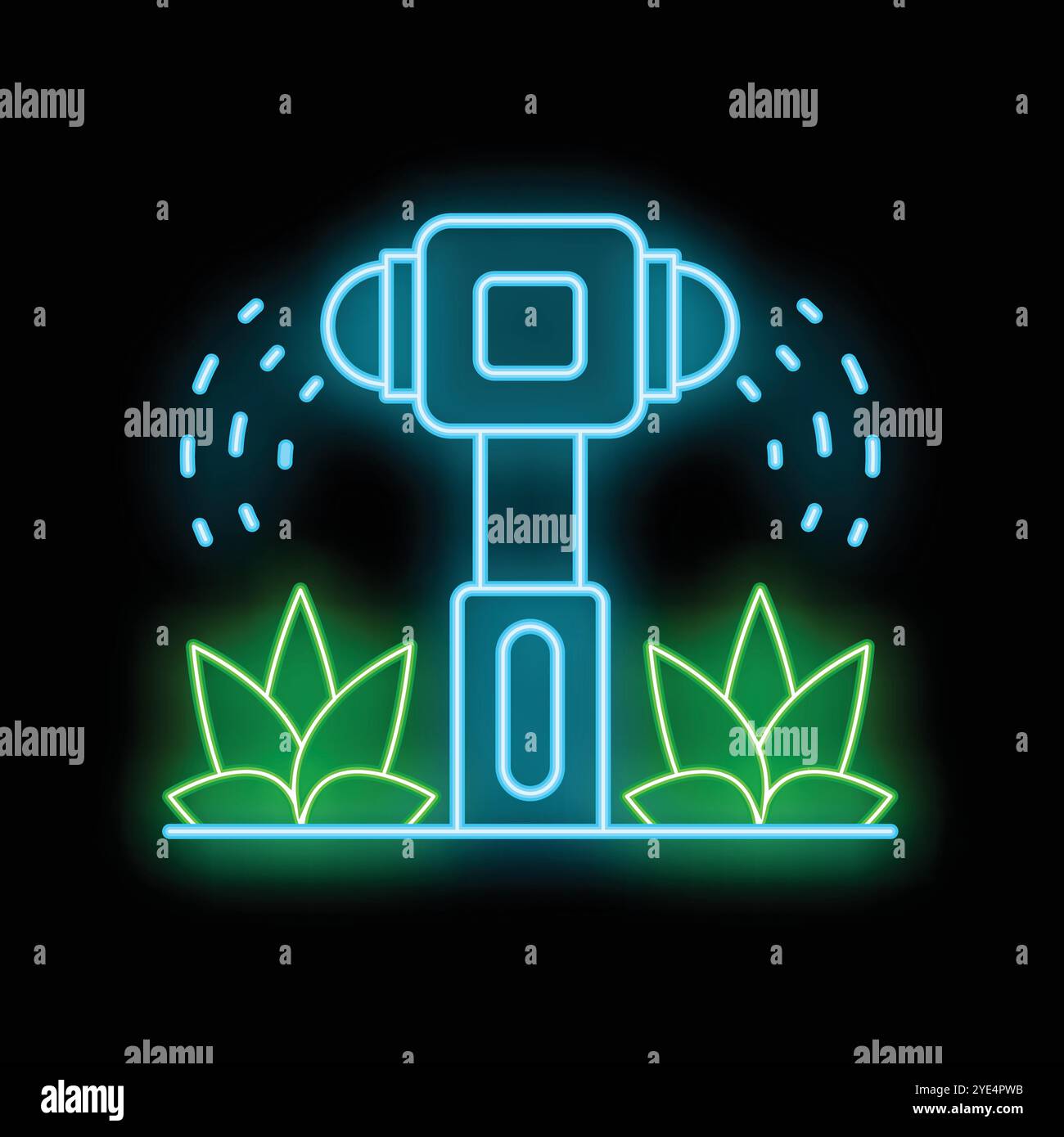 Icône de gicleurs d'irrigation automatique de ligne de néon incandescent isolé sur fond noir Illustration de Vecteur