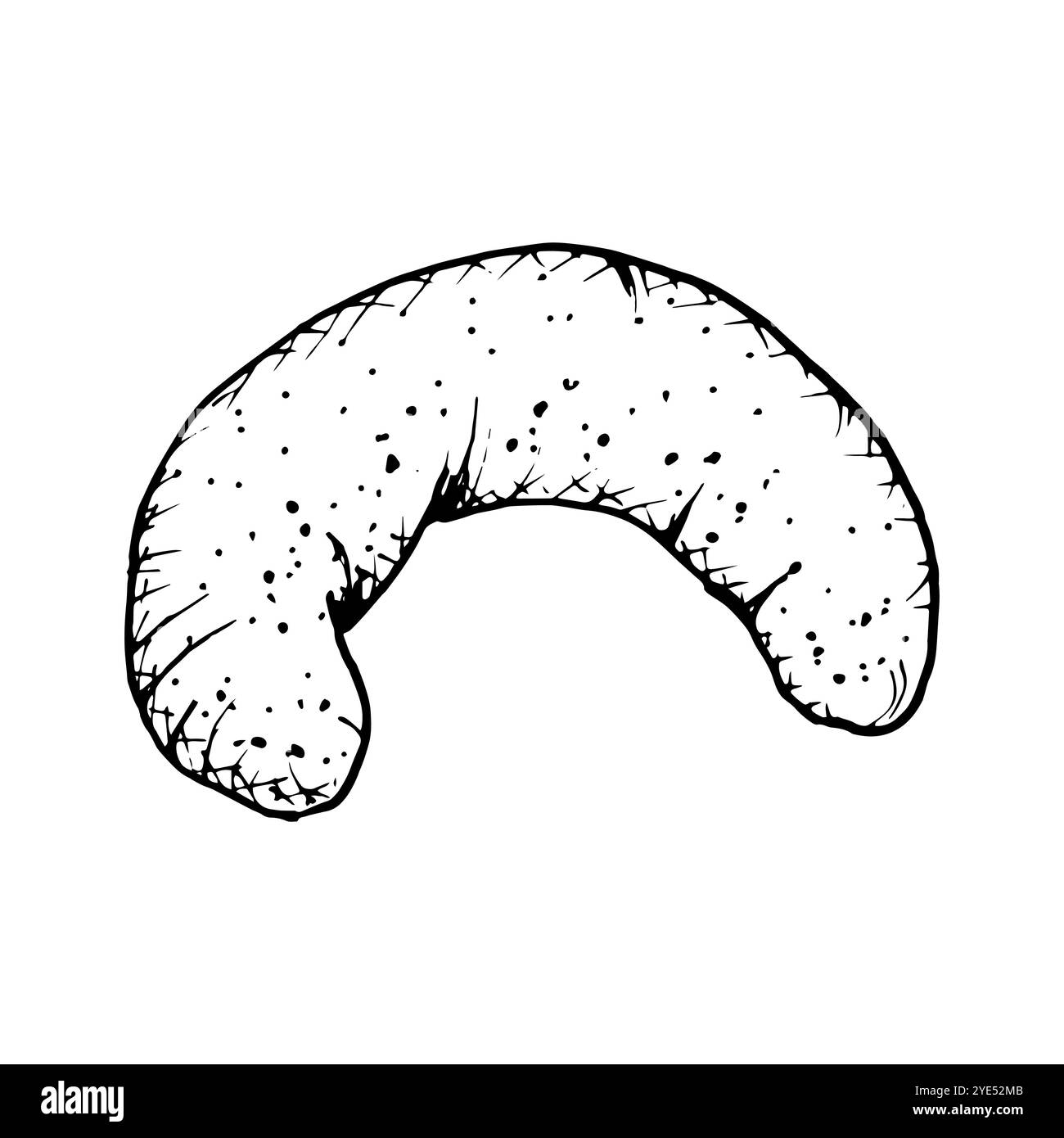 Une illustration vectorielle dessinée à la main d'un biscuit en forme de croissant de vanille avec une texture. Croquis monochrome de pâtisserie friable, douce, idéal pour la boulangerie Illustration de Vecteur