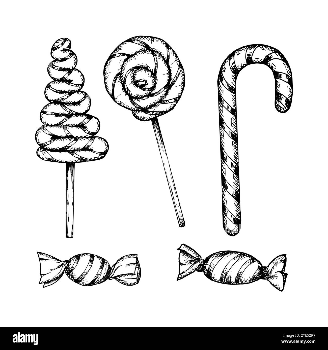 Ensemble dessiné à la main d'illustrations vectorielles de sucettes et de cannes de bonbon. Bonbons festifs pour les dessins de Noël, cartes, imprimés décoratifs pour les confiseurs Illustration de Vecteur