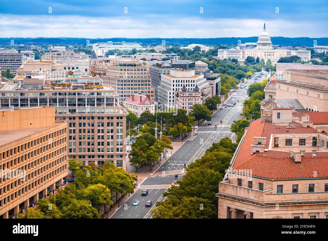 Washington DC. Vue panoramique aérienne des monuments de Pennsylvania Avenue et vue du Congrès des états-Unis, États-Unis Banque D'Images