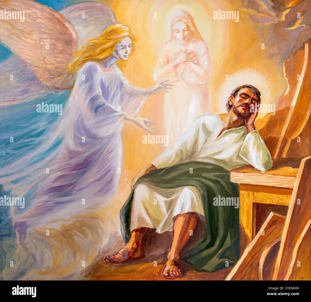 ASTI, ITALIE - 11 SEPTEMBRE 2024 : la peinture de l'apparition d'ange à manifester Joseph dans l'église Chiesa di San Giuseppe par Franco Ferri (1990). Banque D'Images