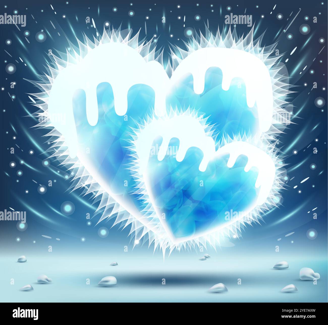 Deux coeurs froids gelés avec des morceaux de glace sur fond bleu neigeux. Vent, flocons de neige et étoiles de glace autour. Illustration vectorielle. Saint Valentin. Symbo Illustration de Vecteur Deux coeurs froids gelés avec des morceaux de glace sur fond bleu neigeux. Vent, flocons de neige et étoiles de glace autour. Illustration vectorielle. Saint Valentin. Symbo Illustration de Vecteur