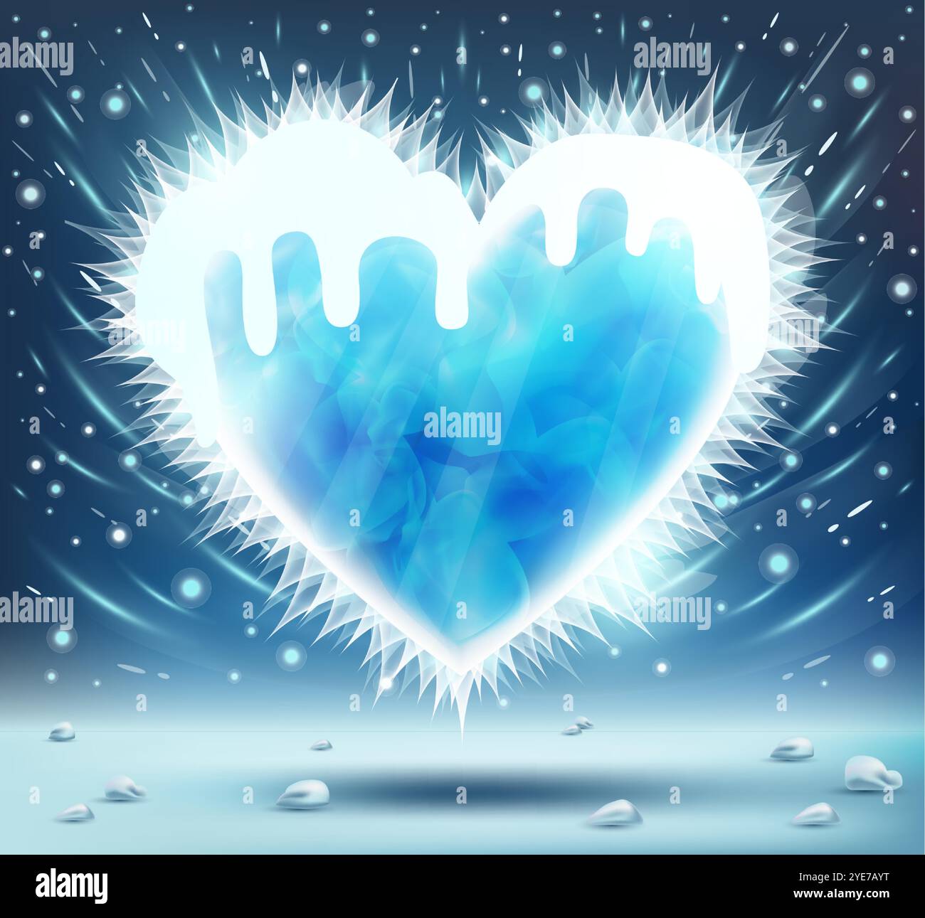 Coeur glacé froid avec des morceaux de glace sur fond bleu enneigé. Vent, flocons de neige et étoiles de glace autour. Illustration vectorielle. Saint Valentin. Illustration de Vecteur Coeur glacé froid avec des morceaux de glace sur fond bleu enneigé. Vent, flocons de neige et étoiles de glace autour. Illustration vectorielle. Saint Valentin. Illustration de Vecteur