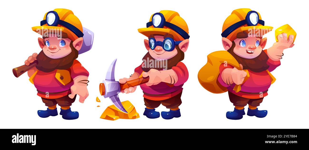 Vecteur de mineurs de gnome de bande dessinée en trois poses - tient pioche, mine l'or avec un outil, porte le sac et la pépite. Les personnages aux expressions joyeuses portent des casques jaunes, des chemises rouges et des pantalons marron. Illustration de Vecteur