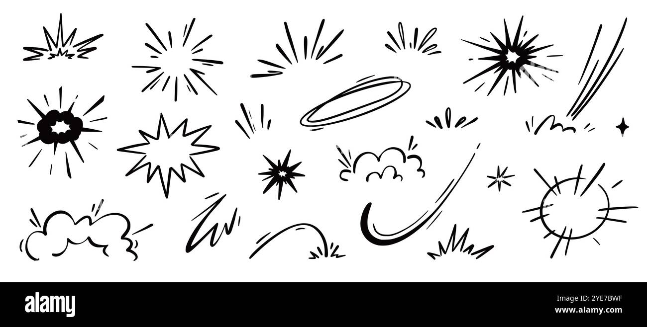 Effet de vitesse de boom de bande dessinée comique, ensemble explosif d'éléments de ligne de mouvement. Explosion de boom comique, fumée explosive, icône vectorielle de dessin animé de vitesse de ligne. Esquisse dessinée à la main effet d'action griffonnage. Illustration vectorielle.. Illustration de Vecteur