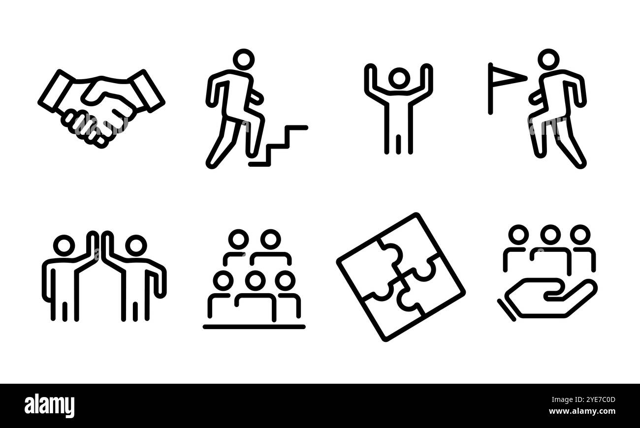 collaboration team building coopération icône set collection ligne de trait contour illustration simple poignée de main puzzle Illustration de Vecteur