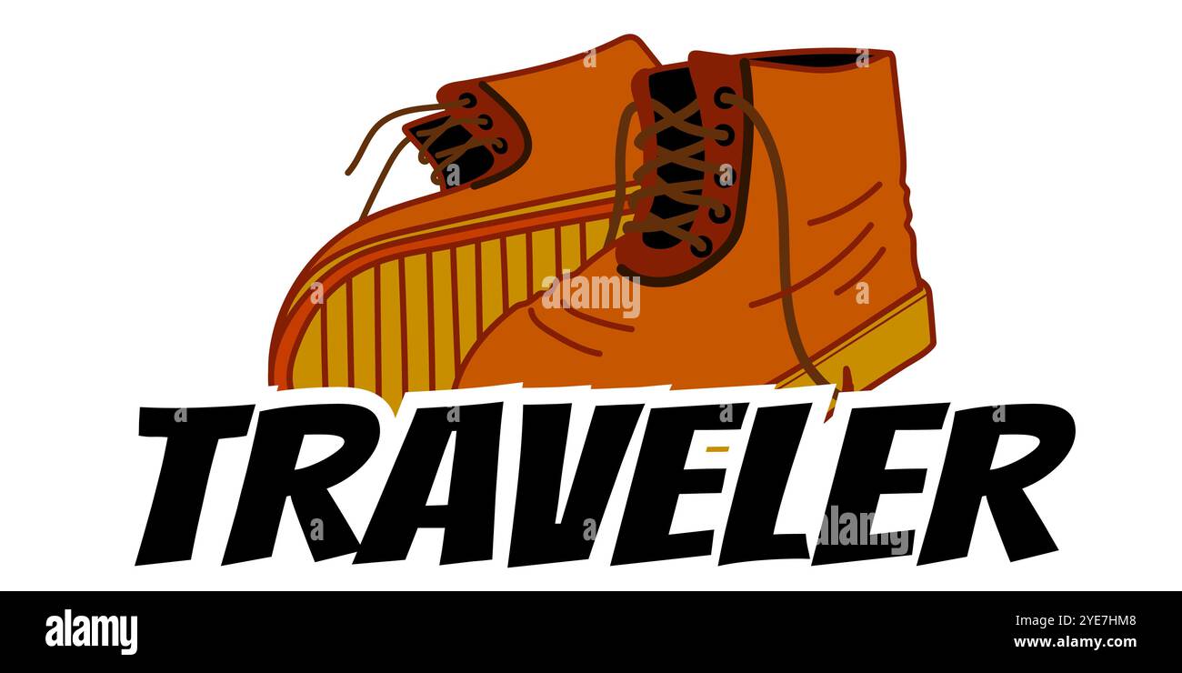 vieilles bottes en cuir doodle style avec le mot voyageur sur fond blanc, pas de gens. Illustration de Vecteur