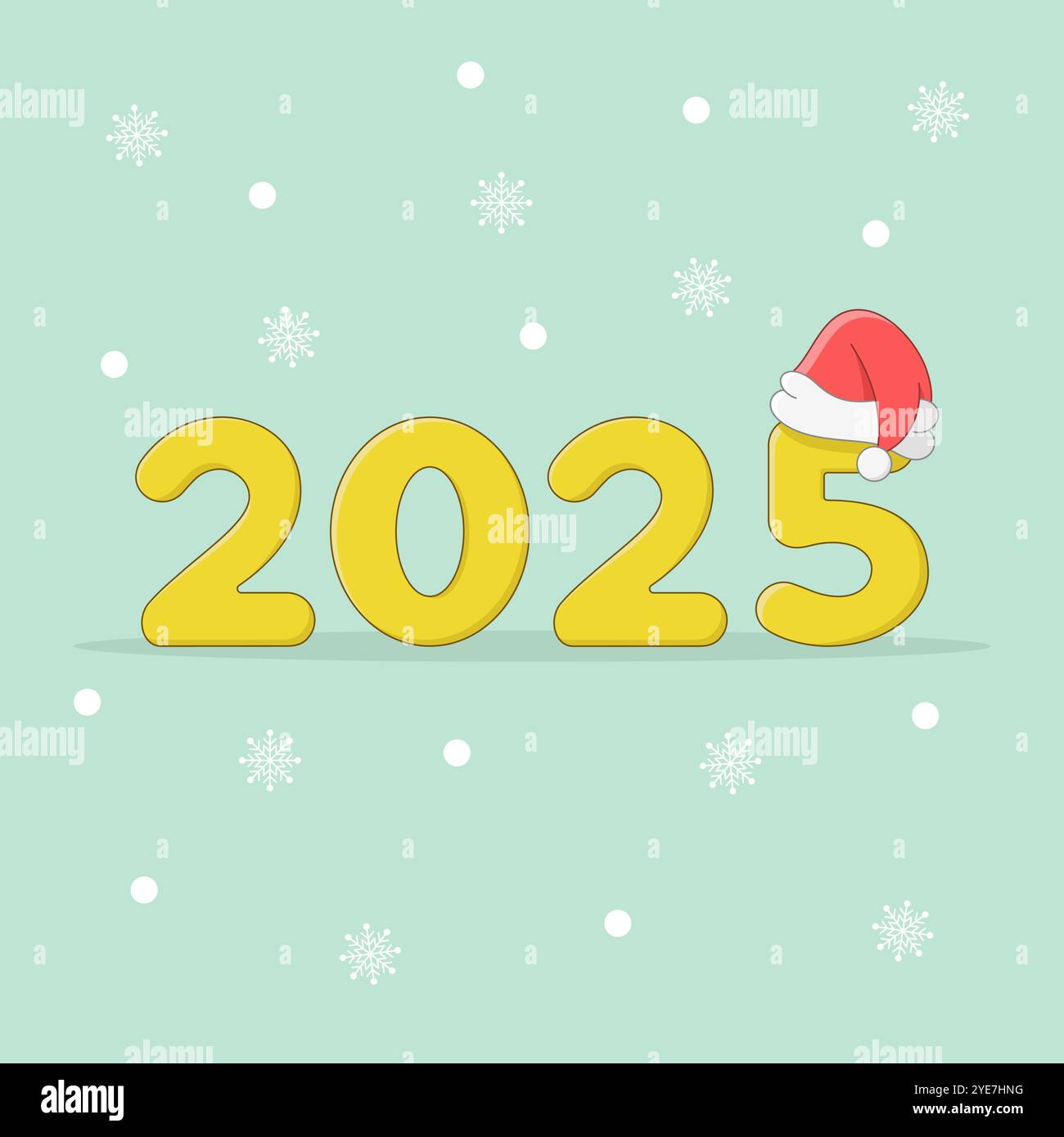 Numéros mignons 2025 avec chapeau de Père Noël et flocons de neige en arrière-plan. Illustration vectorielle bonne nouvelle année. Illustration de Vecteur